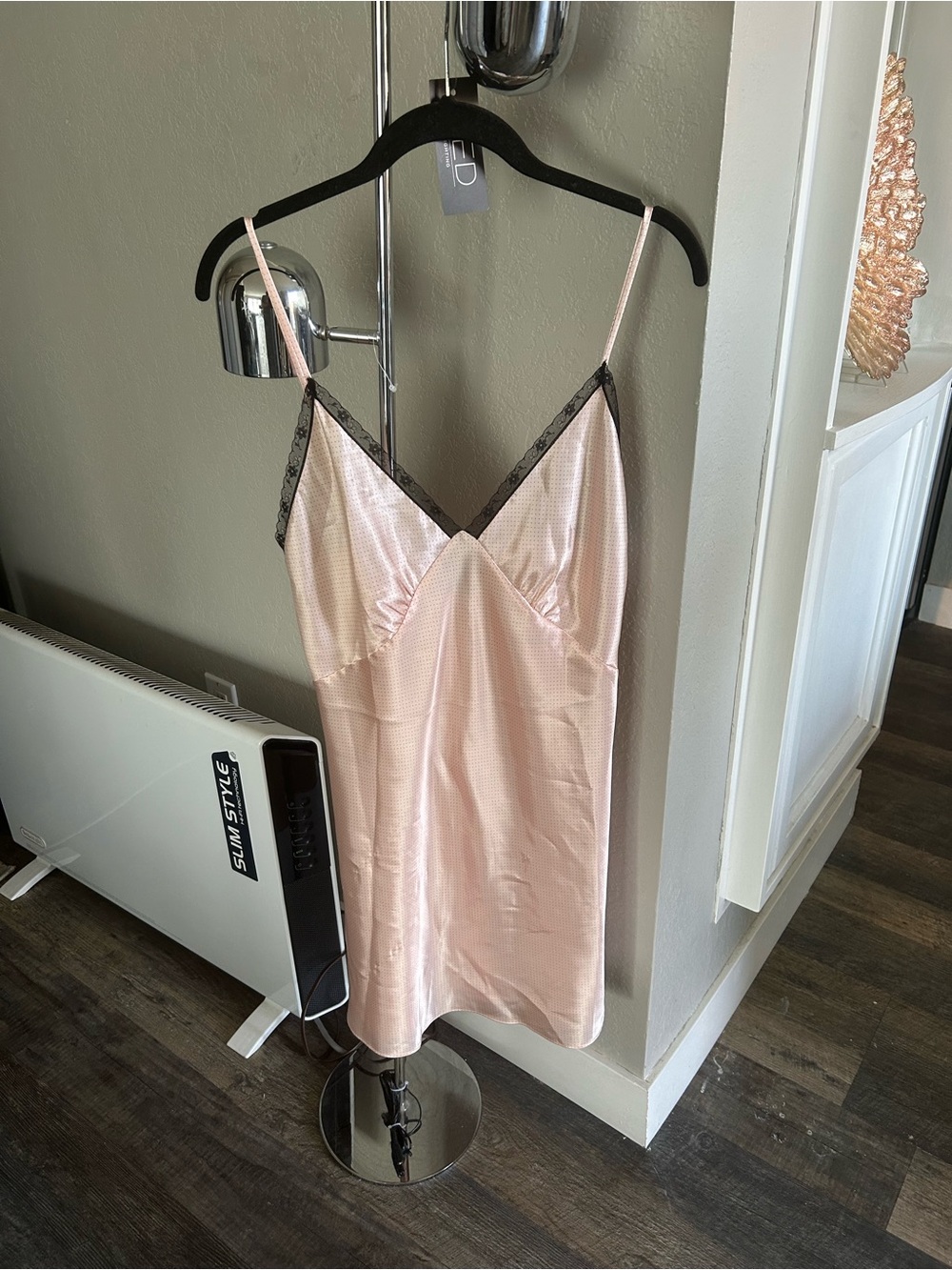 Jones New York Pale Pink Satin Slip with Black Lace Trim